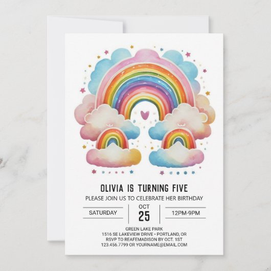水彩幸せな雲の女の子の誕生日 招待状 (正面)