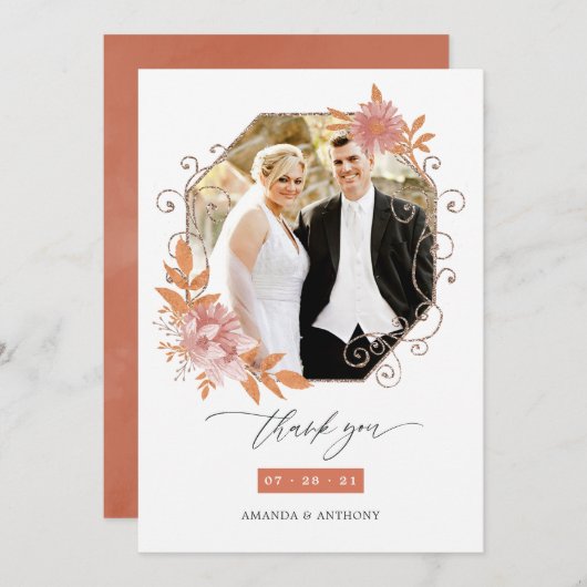 水彩幾何テラコッタ結婚の写真 サンキューカード (正面/裏面)