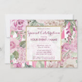 水彩幾何ピンクグリーン花柄イベント 招待状 (正面)