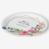 水彩幾何モダンピンクNネイビーフローラ ペーパープレート (アングル)