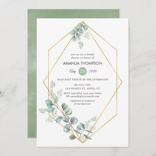 水彩幾何ユーカリブライダルシャワー 招待状 (正面/裏面)