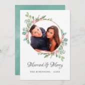 水彩幾何ユーカリ結婚したとメリー シーズンカード (正面/裏面)