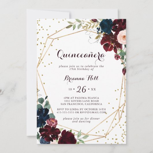 水彩幾何図解入りの、写真付きの金ゴールドクインセアニラ 招待状 (正面)