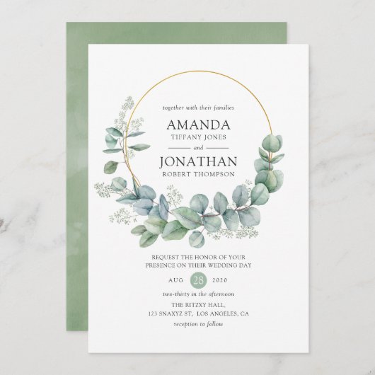 水彩幾何学ユーカリ結婚ス 招待状 (正面/裏面)