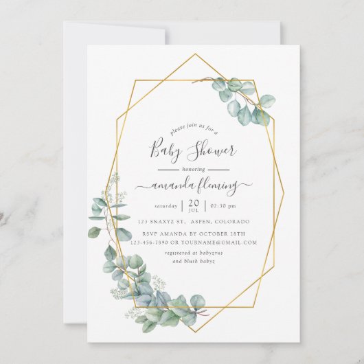 水彩幾何学ユーカリ赤ちゃんシャワー 招待状 (正面)