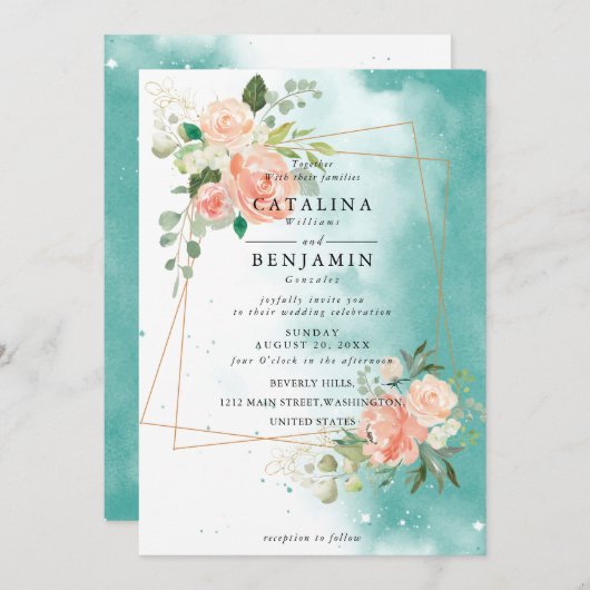 水彩幾何学模様赤面ピンク結婚フローラ 招待状 (正面/裏面)