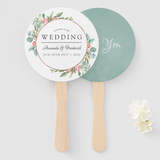 水彩幾何学的ユーカリ結婚ス ハンドファン (正面&裏面)