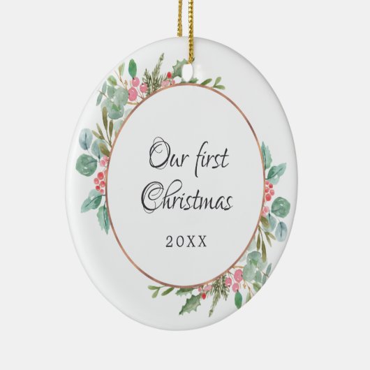 水彩幾何学私たちの初めてのクリスマス写真 セラミックオーナメント (右)