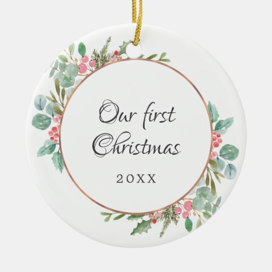 水彩幾何学私たちの初めてのクリスマス写真 セラミックオーナメント (正面)