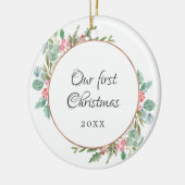 水彩幾何学私たちの初めてのクリスマス写真 セラミックオーナメント (左)