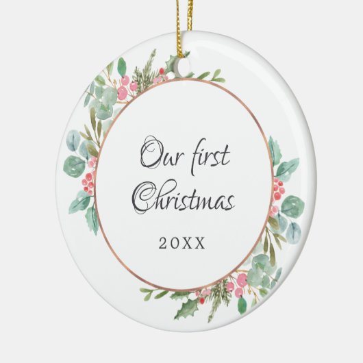 水彩幾何学私たちの初めてのクリスマス写真 セラミックオーナメント (左)