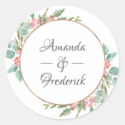 水彩幾何模様のユーカリクリスマスウェディング ラウンドシール (正面)