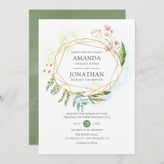 水彩幾何結晶緑結婚色 招待状 (正面/裏面)