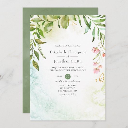 水彩幾何結晶緑結婚色 招待状 (正面/裏面)