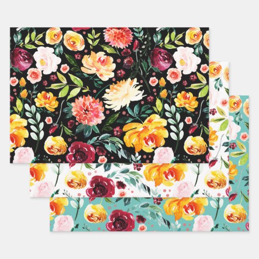 水彩庭カラフル花模様 ラッピングペーパーシート (セット)