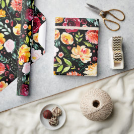 水彩庭カラフル花模様 ラッピングペーパー