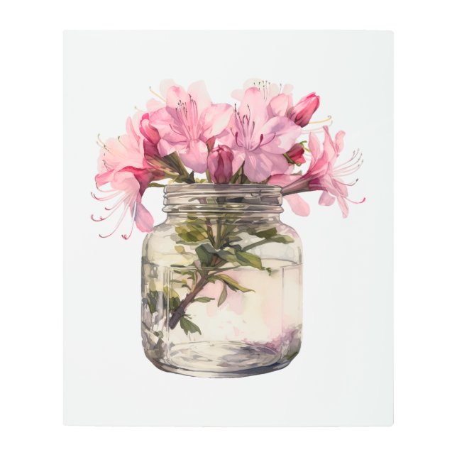 水彩庭園の花ガラス瓶 メタルプリント (正面)