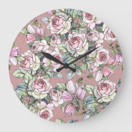 水彩庭園：バラチューリップエレガンス。 ラージ壁時計 (正面)