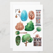 水彩建物の木を切り取ってコラージュ (正面/裏面)