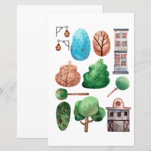 水彩建物の木を切り取ってコラージュ