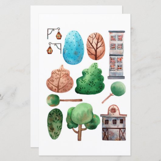 水彩建物の木を切り取ってコラージュ (正面/裏面)