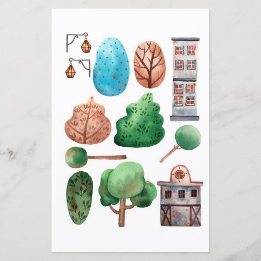 水彩建物の木を切り取ってコラージュ (正面)