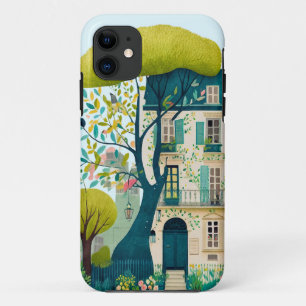 水彩建物褐虫石ウォークアップツリーバルコニー iPhone 11 ケース