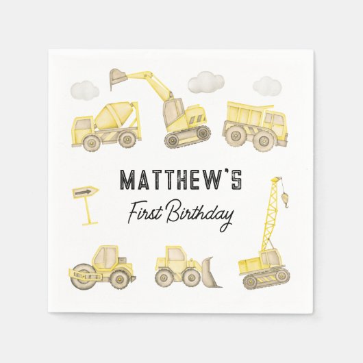 水彩建築車第1誕生日 スタンダードカクテルナプキン (正面)