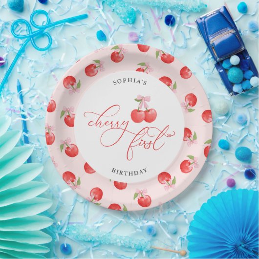 水彩弓さくらんぼ第1誕生日 ペーパープレート