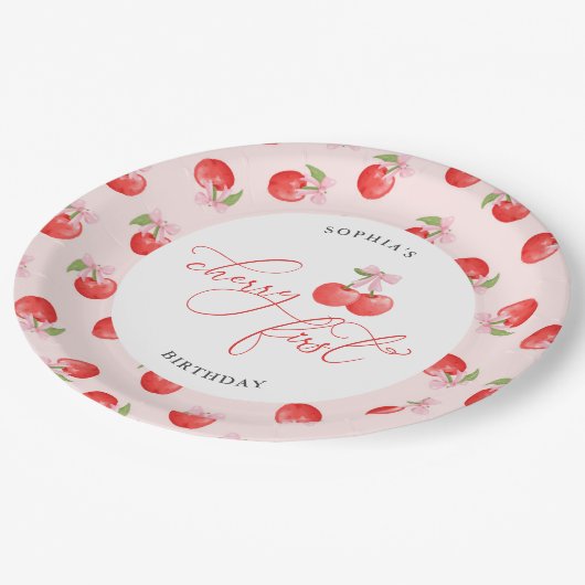 水彩弓さくらんぼ第1誕生日 ペーパープレート (アングル)