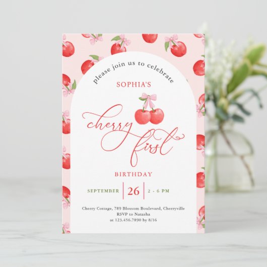 水彩弓さくらんぼ第1誕生日 招待状 (スタンド正面)