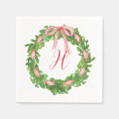 水彩弓ストライプのリースクリスマスモノグラム スタンダードカクテルナプキン (正面)