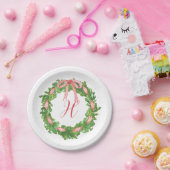 水彩弓ストライプのリースクリスマスモノグラム ペーパープレート (パーティー)