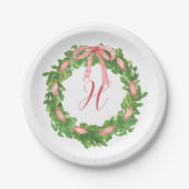 水彩弓ストライプのリースクリスマスモノグラム ペーパープレート (正面)