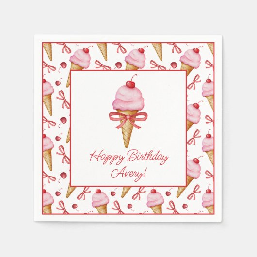 水彩弓ピンクアイスクリームコーンパーティー スタンダードカクテルナプキン (正面)