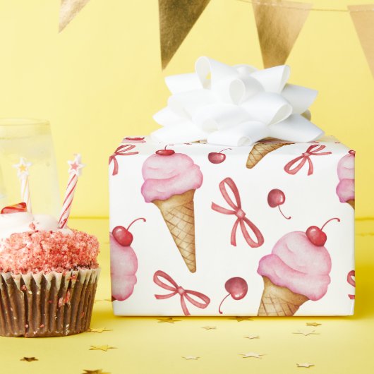 水彩弓ピンクアイスクリームコーン ラッピングペーパー (誕生日パーティー)