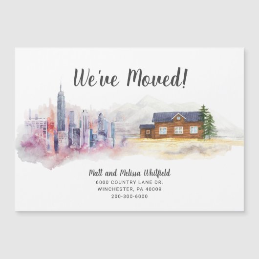 水彩引っ越しました都市から国への移動 マグネット招待状 (正面)