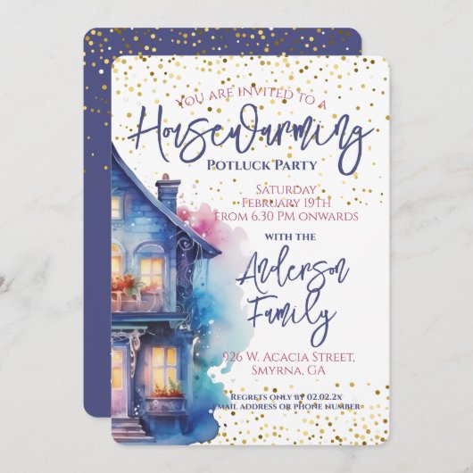 水彩引っ越し祝いパーティーパーティー 招待状 (正面/裏面)