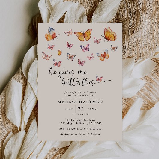 水彩彼は私与え蝶ブライダルシャワー 招待状