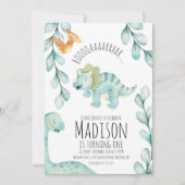 水彩恐竜のファーストバースデーパーティー ブルー 招待状 (正面)