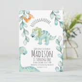 水彩恐竜のファーストバースデーパーティー ブルー 招待状 (スタンド正面)