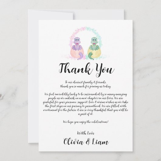 水彩恐竜の性別を明らかにするサンキューカード サンキューカード (正面)