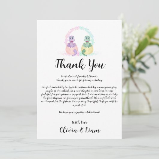 水彩恐竜の性別を明らかにするサンキューカード サンキューカード (スタンド正面)