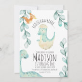 水彩恐竜の最初の誕生日パーティーティール(緑がかった色) 招待状 (正面)