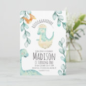 水彩恐竜の最初の誕生日パーティーティール(緑がかった色) 招待状 (スタンド正面)