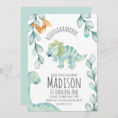 水彩恐竜の最初の誕生日パーティーブルー 招待状 (正面/裏面)