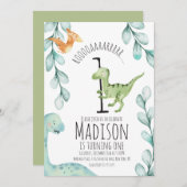 水彩恐竜の最初の誕生日パーティー 招待状 (正面/裏面)