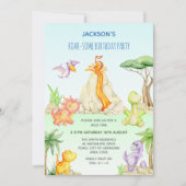 水彩恐竜の火山テーマ子供の誕生日 招待状 (正面)