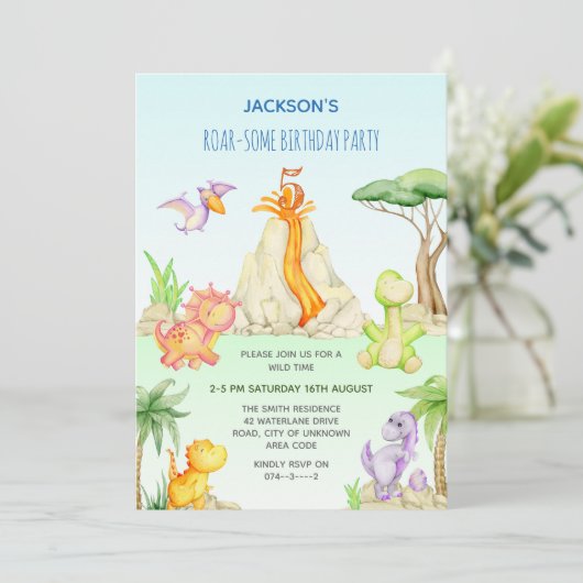 水彩恐竜の火山テーマ子供の誕生日 招待状 (スタンド正面)