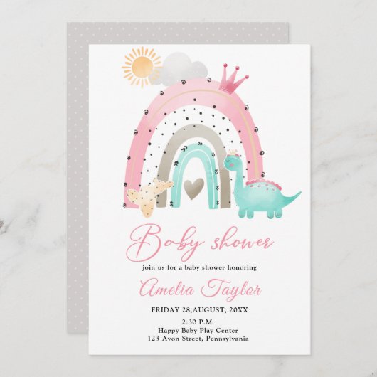 水彩恐竜の赤ちゃん女の子Dino赤ちゃんシャワー 招待状 (正面/裏面)